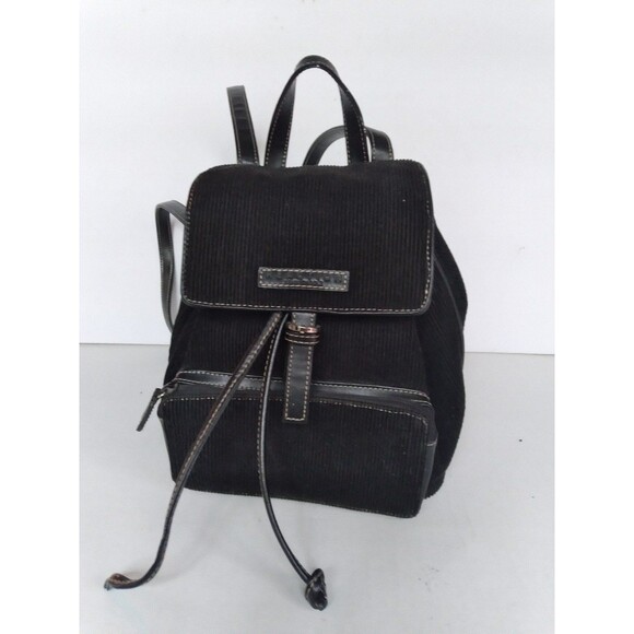 Vintage Black Corduroy Mini Backpack with Leather Trim Drawstring Casual Daypack - Picture 1 of 7